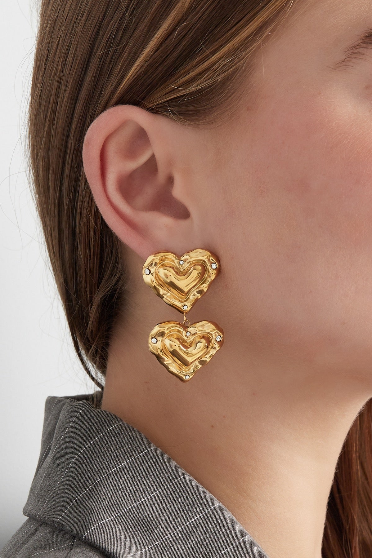 Triple heart oorbellen structure - gold