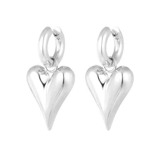 Oorbellen with heart pendant - large silver